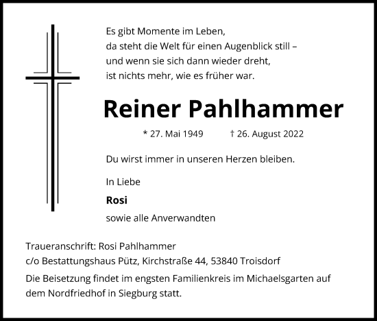 Anzeige von Reiner Pahlhammer von Kölner Stadt-Anzeiger / Kölnische Rundschau / Express