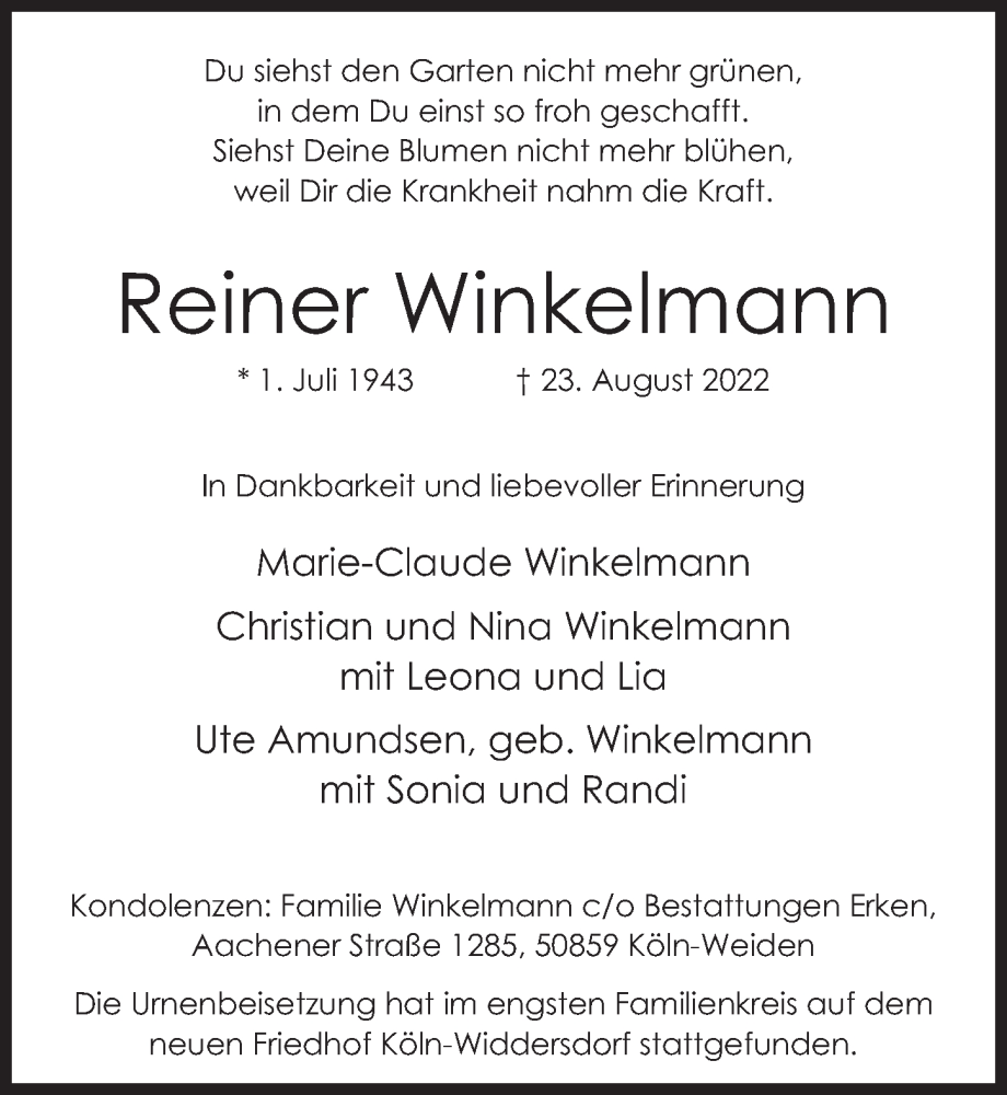  Traueranzeige für Reiner Winkelmann vom 09.09.2022 aus  Wochenende 