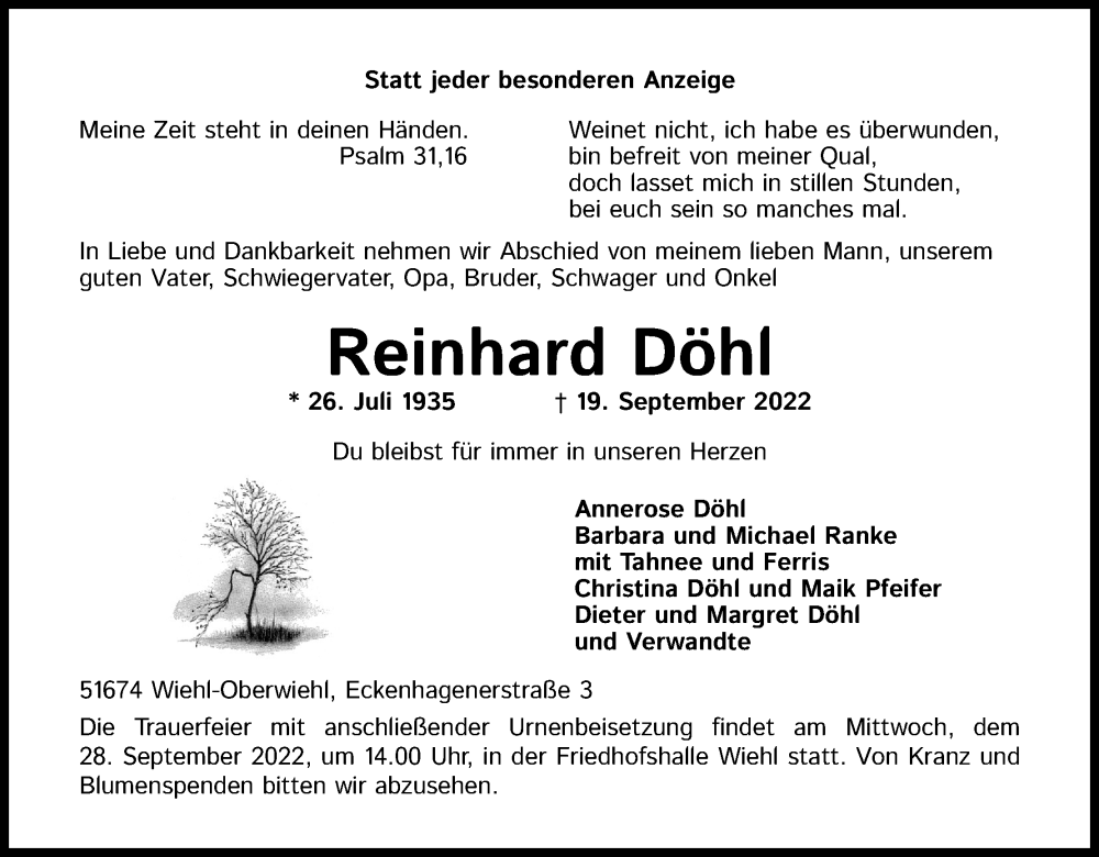  Traueranzeige für Reinhard Döhl vom 22.09.2022 aus Kölner Stadt-Anzeiger / Kölnische Rundschau / Express