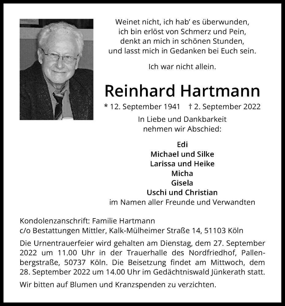  Traueranzeige für Reinhard Hartmann vom 17.09.2022 aus Kölner Stadt-Anzeiger / Kölnische Rundschau / Express