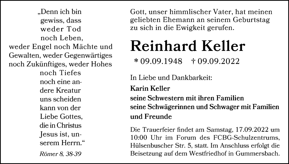  Traueranzeige für Reinhard Keller vom 14.09.2022 aus Kölner Stadt-Anzeiger / Kölnische Rundschau / Express