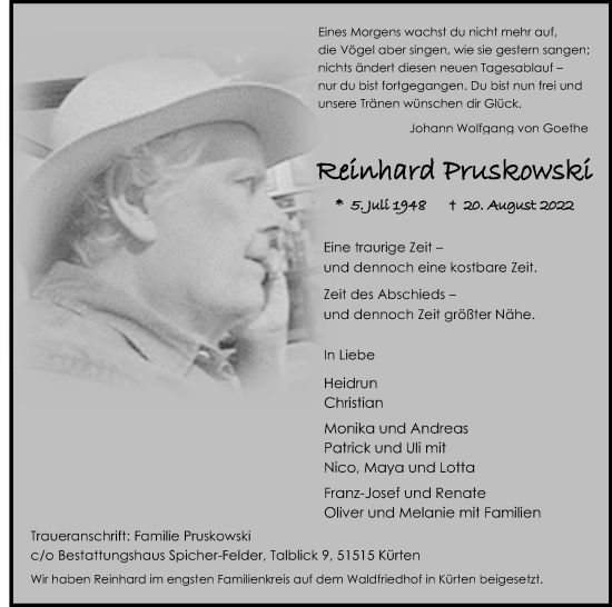 Anzeige von Reinhard Pruskowski von Kölner Stadt-Anzeiger / Kölnische Rundschau / Express