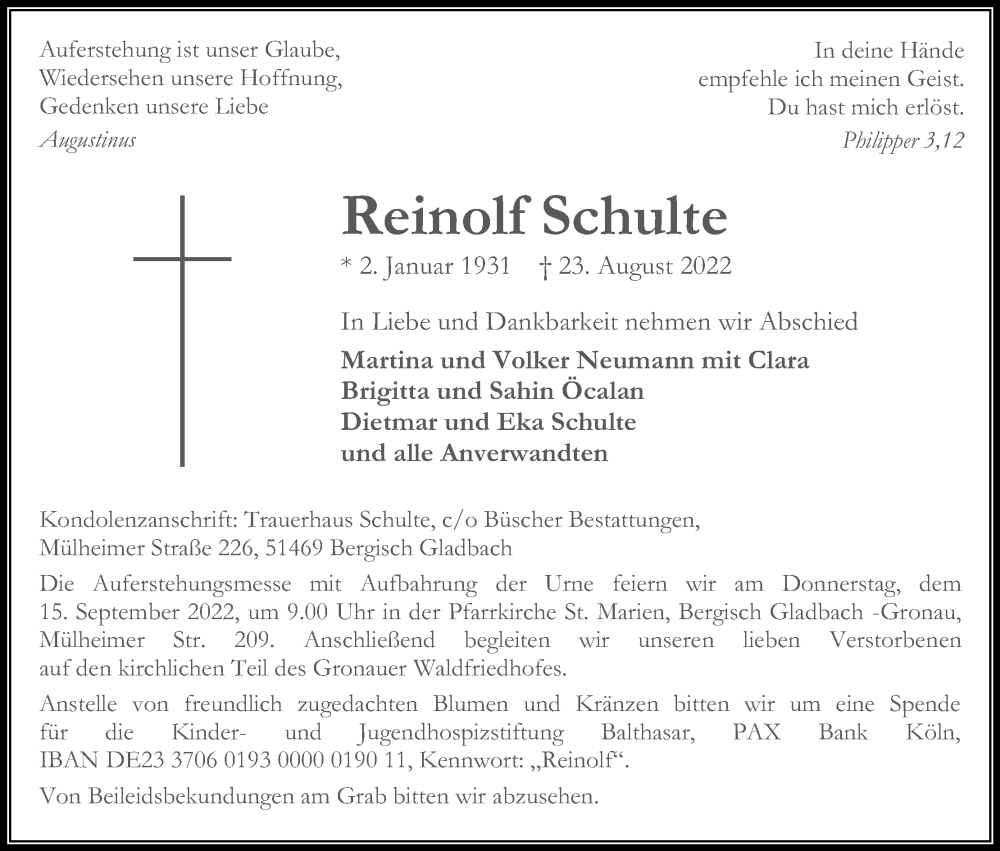  Traueranzeige für Reinolf Schulte vom 09.09.2022 aus Kölner Stadt-Anzeiger / Kölnische Rundschau / Express