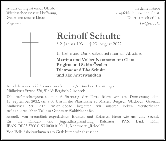 Anzeige von Reinolf Schulte von Kölner Stadt-Anzeiger / Kölnische Rundschau / Express