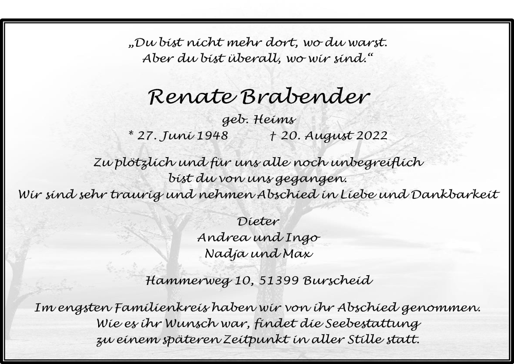  Traueranzeige für Renate Brabender vom 03.09.2022 aus Kölner Stadt-Anzeiger / Kölnische Rundschau / Express