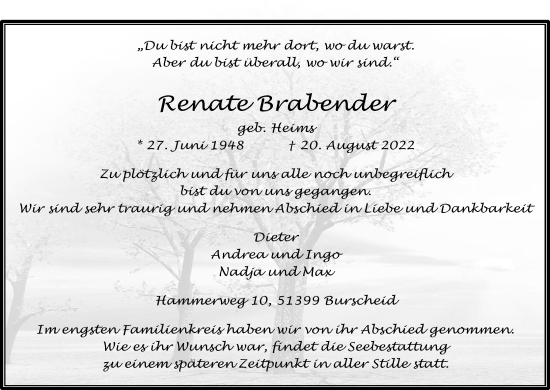 Anzeige von Renate Brabender von Kölner Stadt-Anzeiger / Kölnische Rundschau / Express