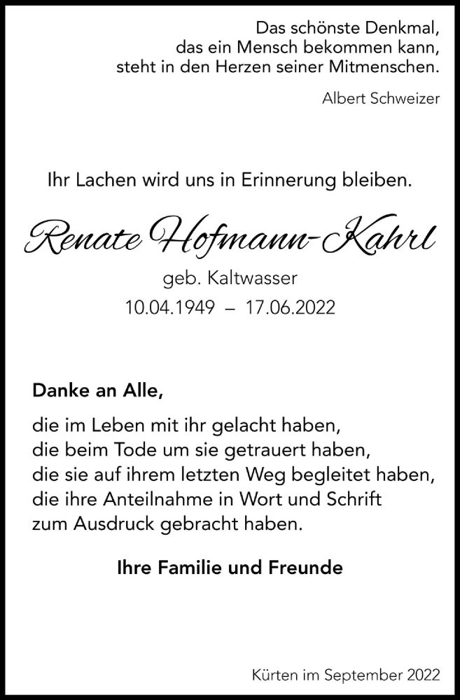  Traueranzeige für Renate Hofmann-Kahrl vom 09.09.2022 aus  Bergisches Handelsblatt 