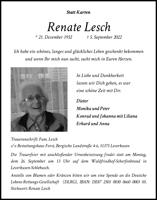 Anzeige von Renate Lesch von Kölner Stadt-Anzeiger / Kölnische Rundschau / Express