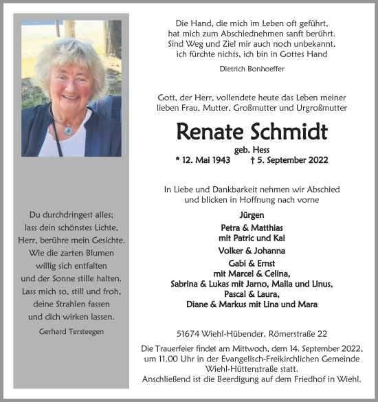 Anzeige von Renate Schmidt von Kölner Stadt-Anzeiger / Kölnische Rundschau / Express
