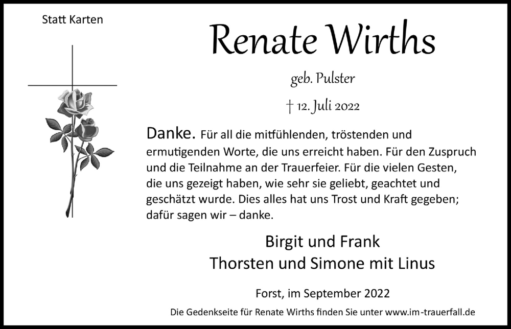  Traueranzeige für Renate Wirths vom 02.09.2022 aus  Lokalanzeiger 