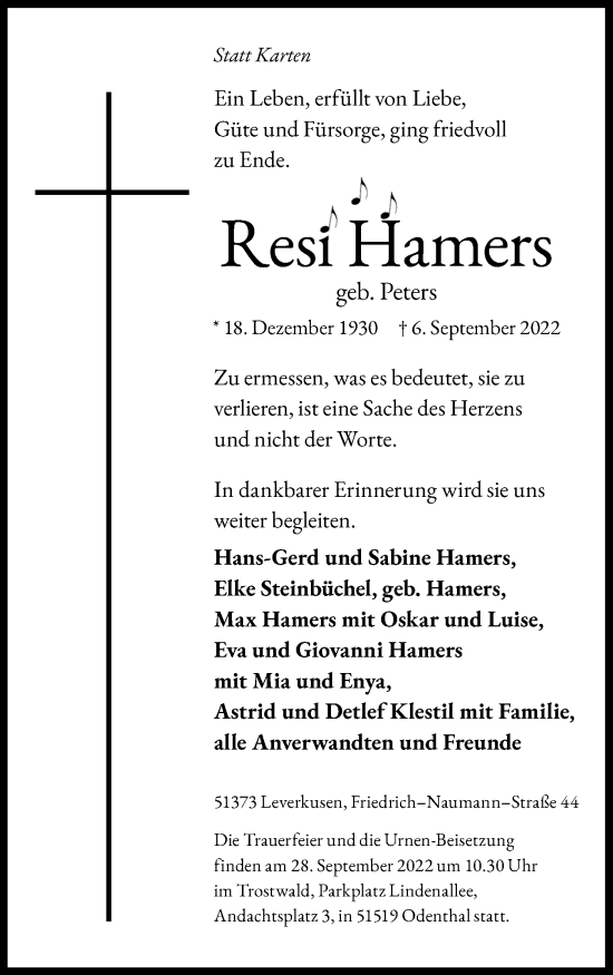Anzeige von Resi Hamers von Kölner Stadt-Anzeiger / Kölnische Rundschau / Express