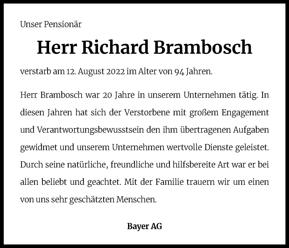 Traueranzeige für Richard Brambosch vom 02.09.2022 aus Kölner Stadt-Anzeiger / Kölnische Rundschau / Express