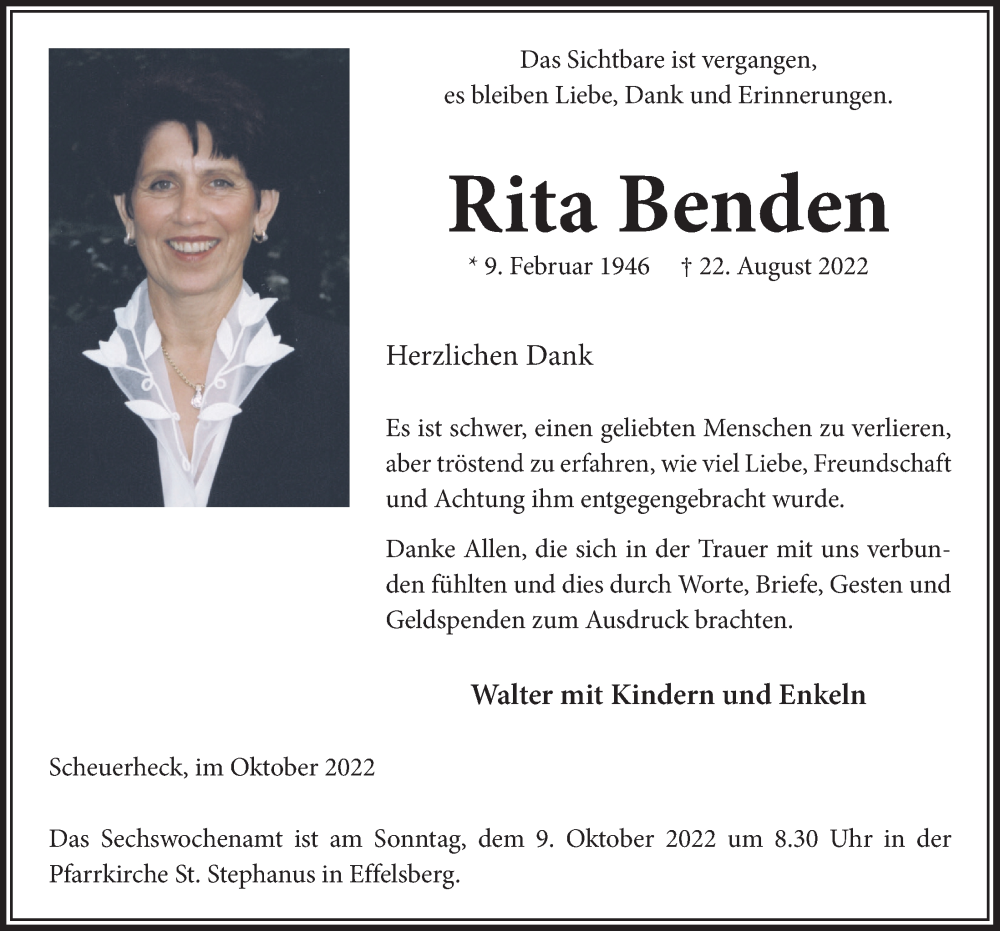  Traueranzeige für Rita Benden vom 01.10.2022 aus  Blickpunkt Euskirchen 