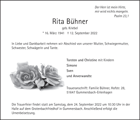 Anzeige von Rita Bühner von  Anzeigen Echo 