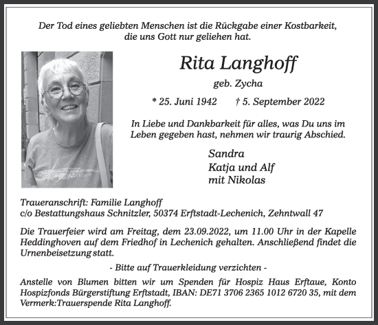 Anzeige von Rita Langhoff von  Werbepost 