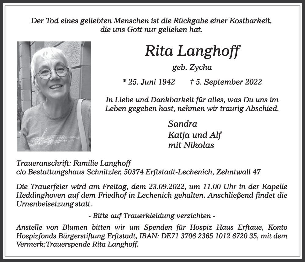  Traueranzeige für Rita Langhoff vom 16.09.2022 aus  Werbepost 