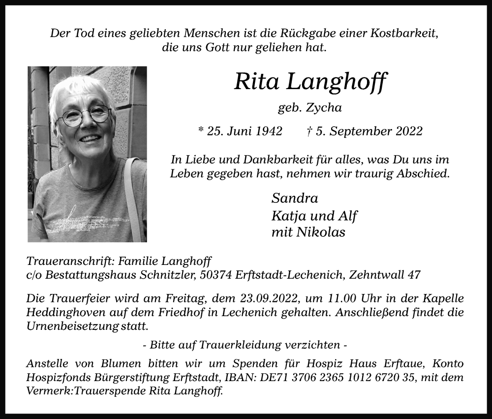  Traueranzeige für Rita Langhoff vom 17.09.2022 aus Kölner Stadt-Anzeiger / Kölnische Rundschau / Express
