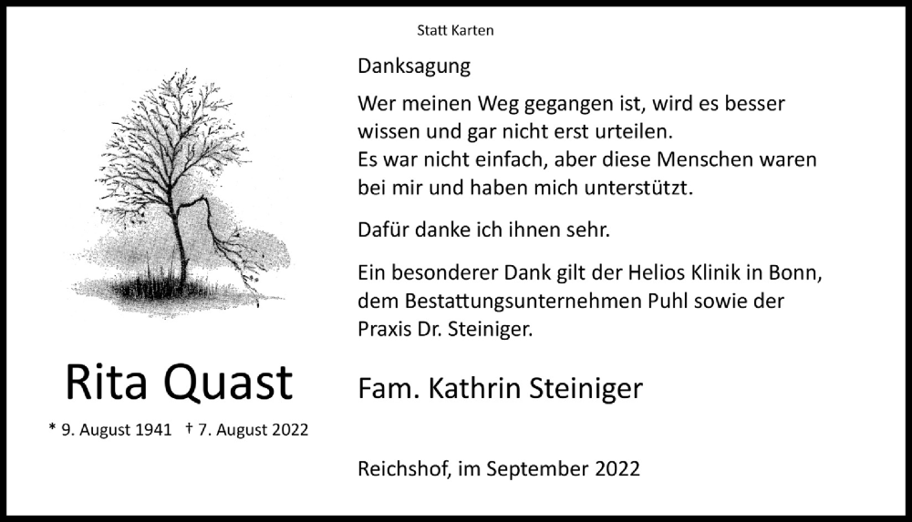  Traueranzeige für Rita Quast vom 02.09.2022 aus  Lokalanzeiger 