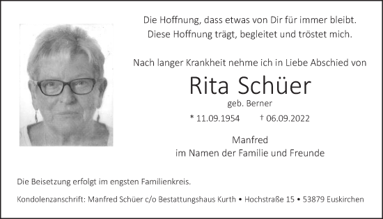 Anzeige von Rita Schüer von  Blickpunkt Euskirchen 