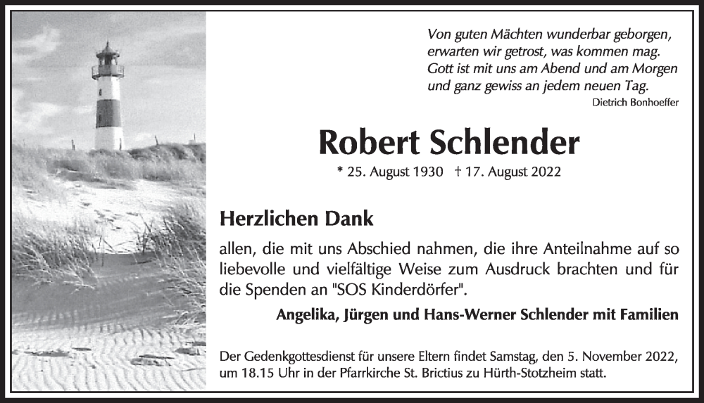  Traueranzeige für Robert Schlender vom 23.09.2022 aus  Wochenende 