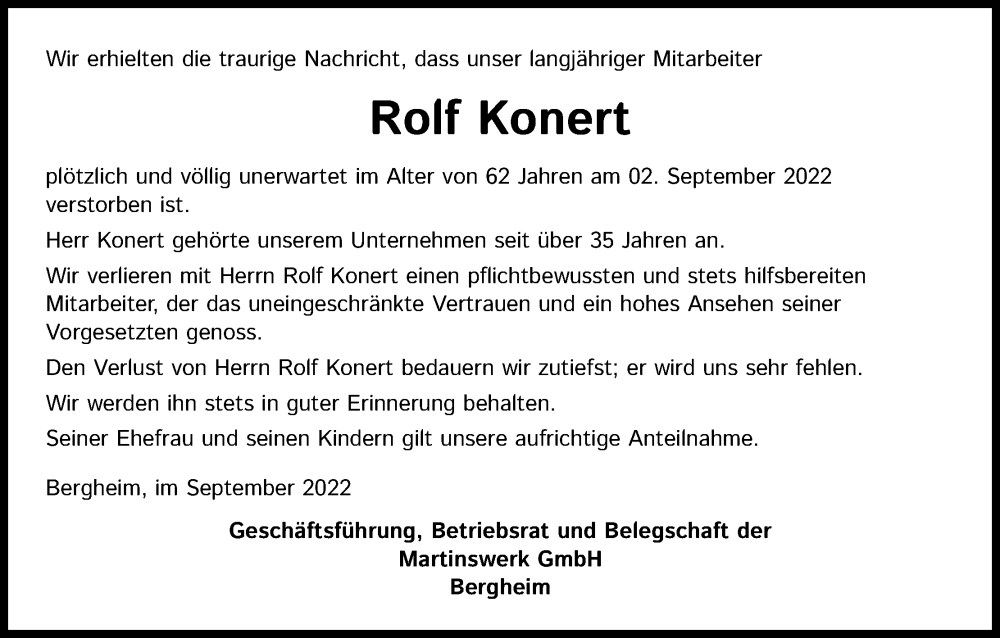  Traueranzeige für Rolf Konert vom 17.09.2022 aus Kölner Stadt-Anzeiger / Kölnische Rundschau / Express