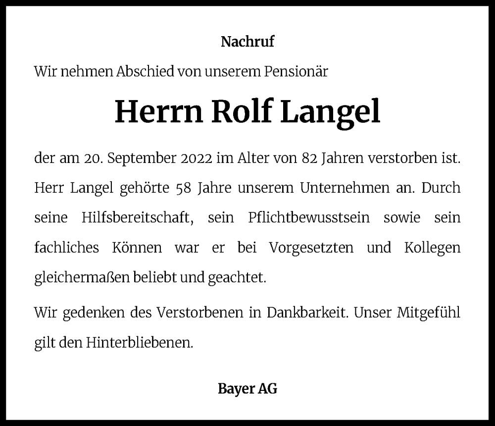  Traueranzeige für Rolf Langel vom 27.09.2022 aus Kölner Stadt-Anzeiger / Kölnische Rundschau / Express