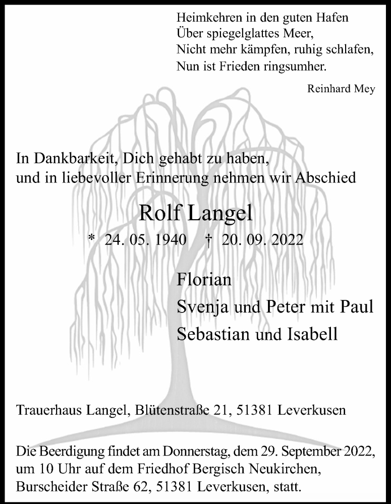  Traueranzeige für Rolf Langel vom 24.09.2022 aus Kölner Stadt-Anzeiger / Kölnische Rundschau / Express
