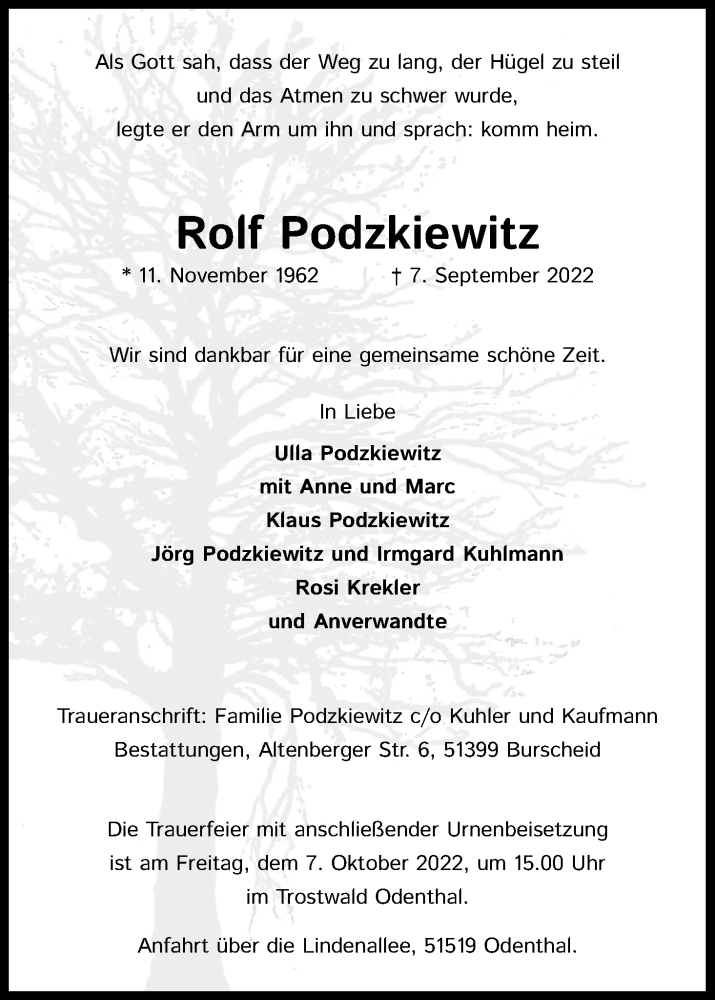  Traueranzeige für Rolf Podzkiewitz vom 21.09.2022 aus Kölner Stadt-Anzeiger / Kölnische Rundschau / Express