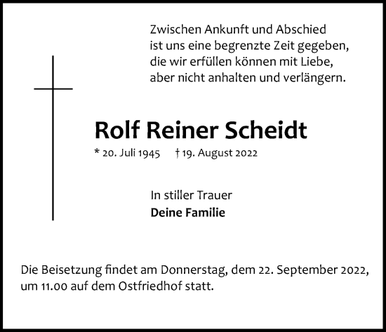 Anzeige von Rolf Reiner Scheidt von Kölner Stadt-Anzeiger / Kölnische Rundschau / Express