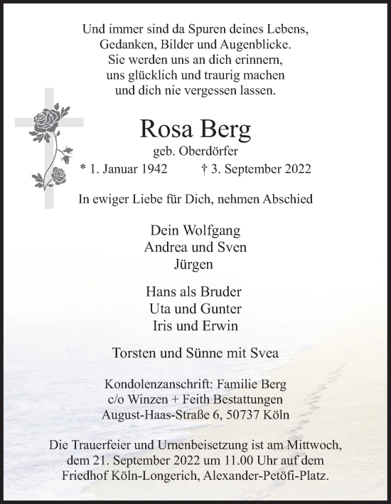 Anzeige von Rosa Berg von Kölner Stadt-Anzeiger / Kölnische Rundschau / Express