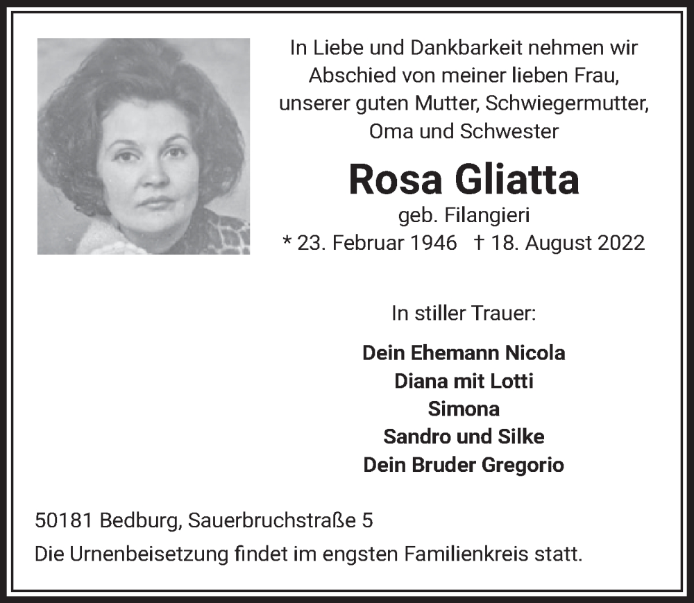 Traueranzeige für Rosa Gliatta vom 02.09.2022 aus  Werbepost 