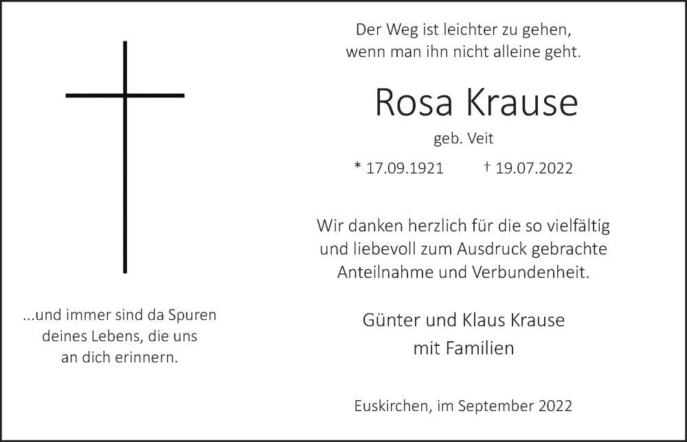  Traueranzeige für Rosa Krause vom 03.09.2022 aus  Blickpunkt Euskirchen 