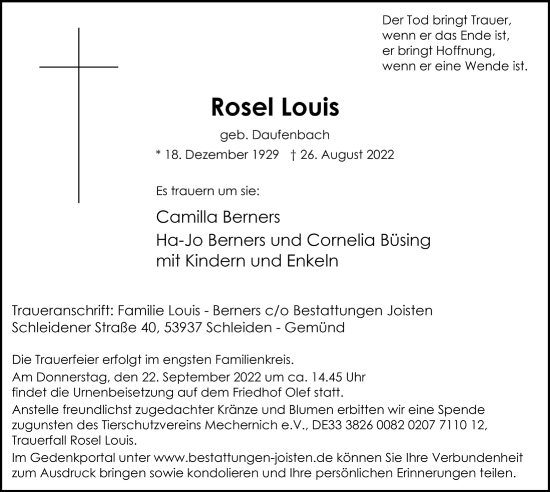 Anzeige von Rosel Louis von  Blickpunkt Euskirchen 
