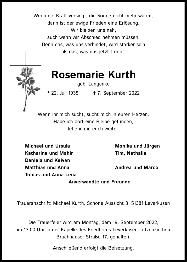  Traueranzeige für Rosemarie Kurth vom 14.09.2022 aus Kölner Stadt-Anzeiger / Kölnische Rundschau / Express