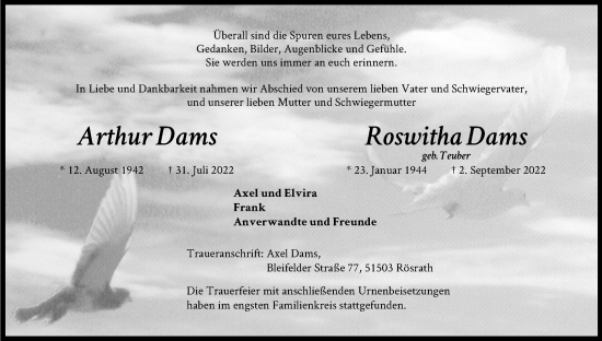 Anzeige von Roswitha Dams von Kölner Stadt-Anzeiger / Kölnische Rundschau / Express