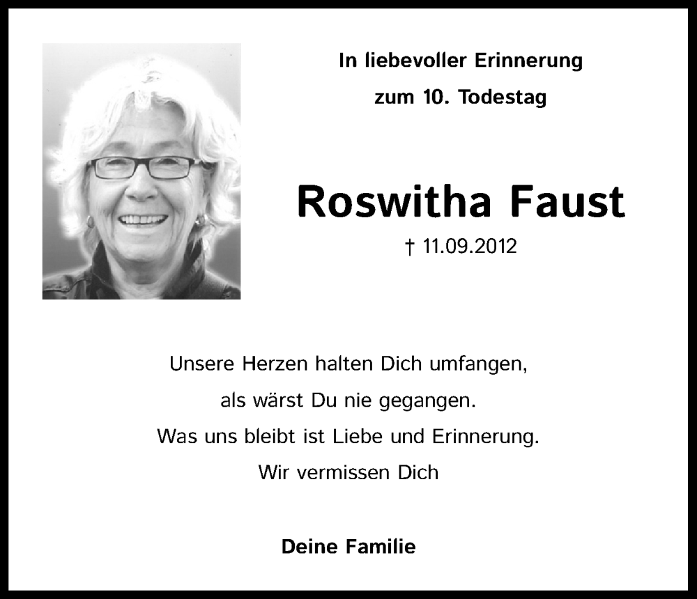  Traueranzeige für Roswitha Faust vom 10.09.2022 aus Kölner Stadt-Anzeiger / Kölnische Rundschau / Express