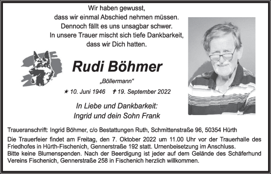 Anzeige von Rudi Böhmer von  Wochenende 