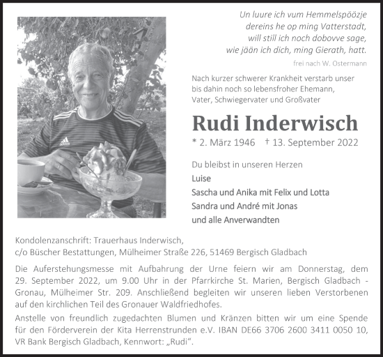 Anzeige von Rudi Inderwisch von  Bergisches Handelsblatt 
