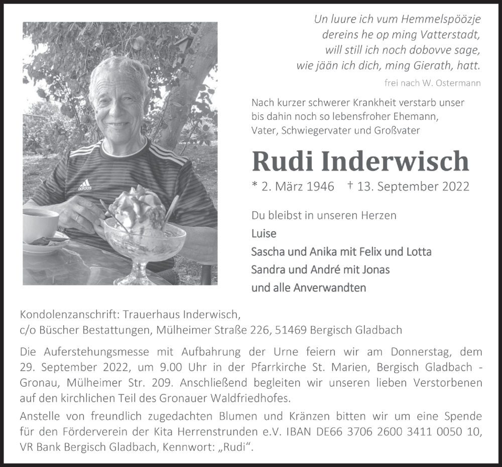  Traueranzeige für Rudi Inderwisch vom 23.09.2022 aus  Bergisches Handelsblatt 