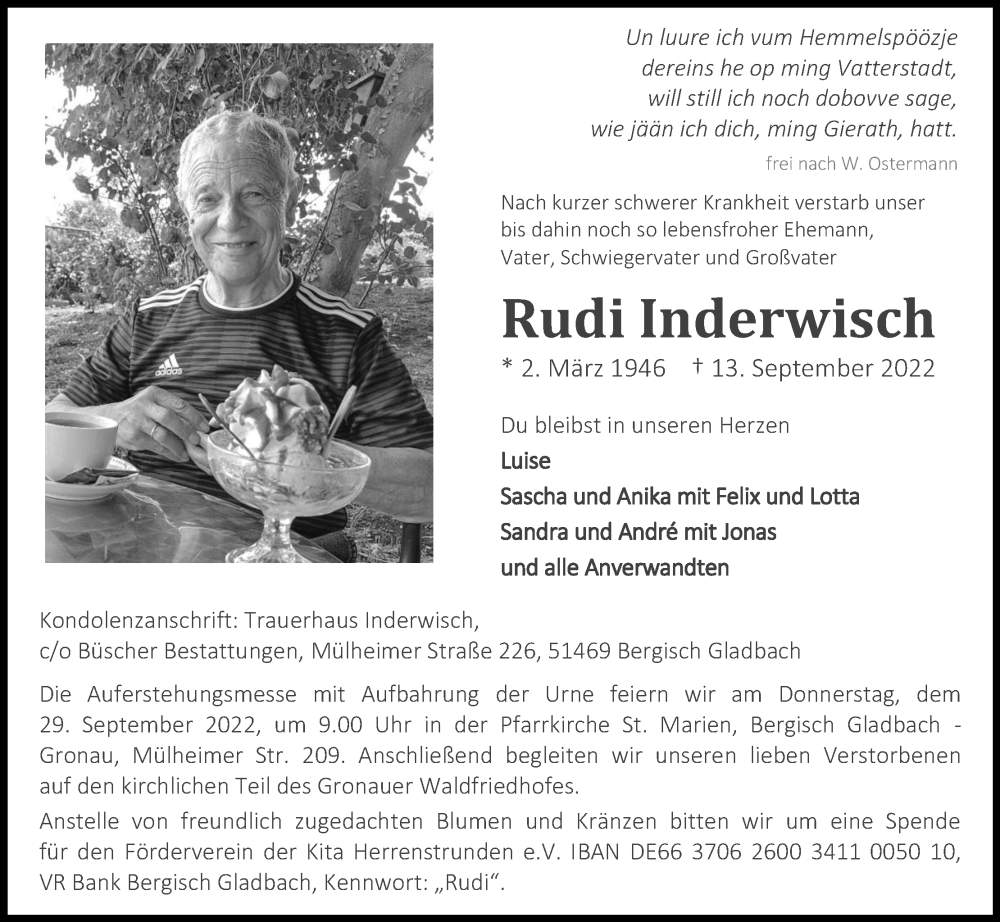  Traueranzeige für Rudi Inderwisch vom 24.09.2022 aus Kölner Stadt-Anzeiger / Kölnische Rundschau / Express