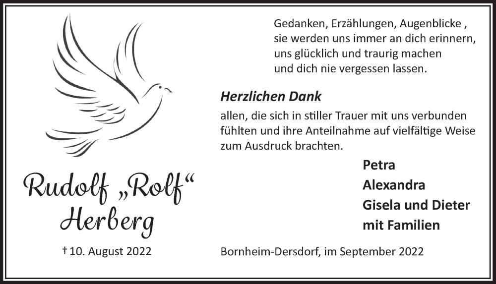  Traueranzeige für Rudolf Herberg vom 16.09.2022 aus  Schaufenster/Blickpunkt 