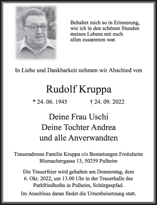 Anzeige von Rudolf Kruppa von  Wochenende 