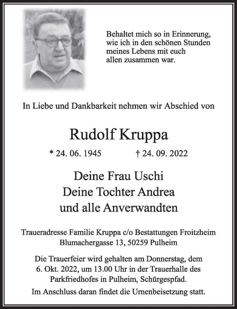  Traueranzeige für Rudolf Kruppa vom 30.09.2022 aus  Wochenende 