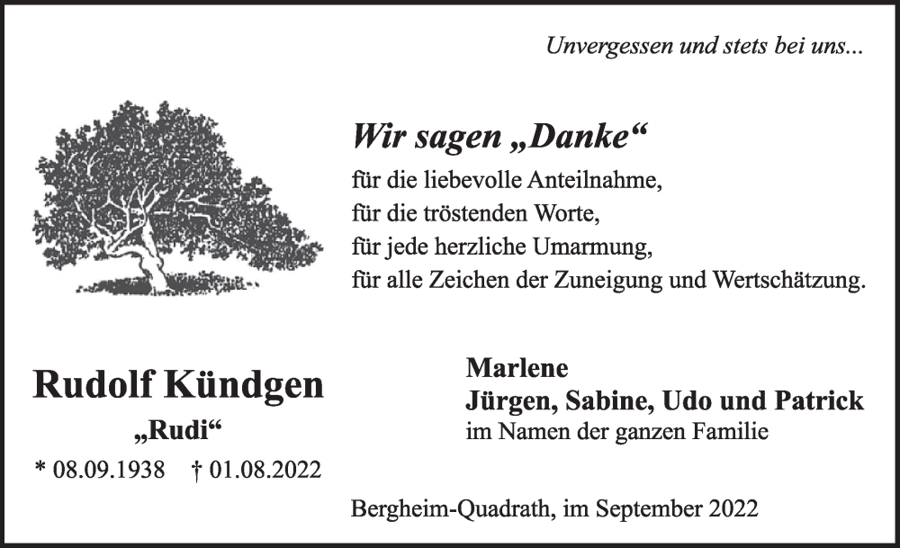  Traueranzeige für Rudolf Kündgen vom 09.09.2022 aus  Werbepost 