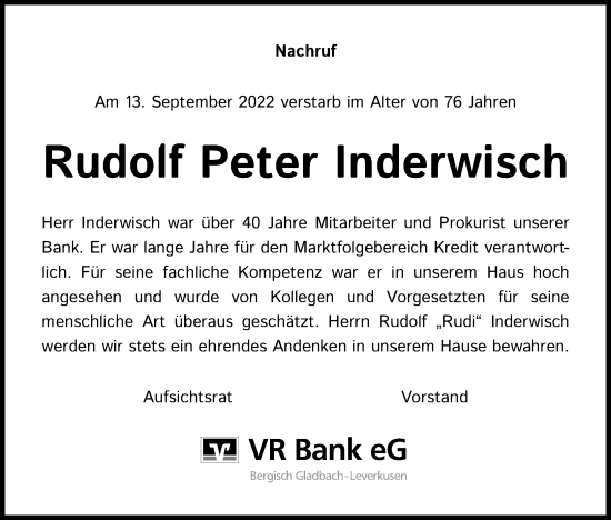 Anzeige von Rudolf Peter Inderwisch von Kölner Stadt-Anzeiger / Kölnische Rundschau / Express