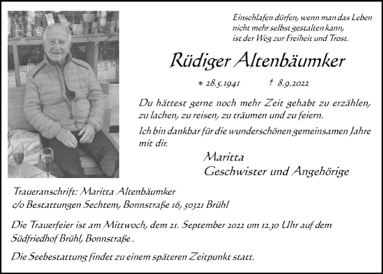 Anzeige von Rüdiger Altenbäumker von  Schlossbote/Werbekurier 