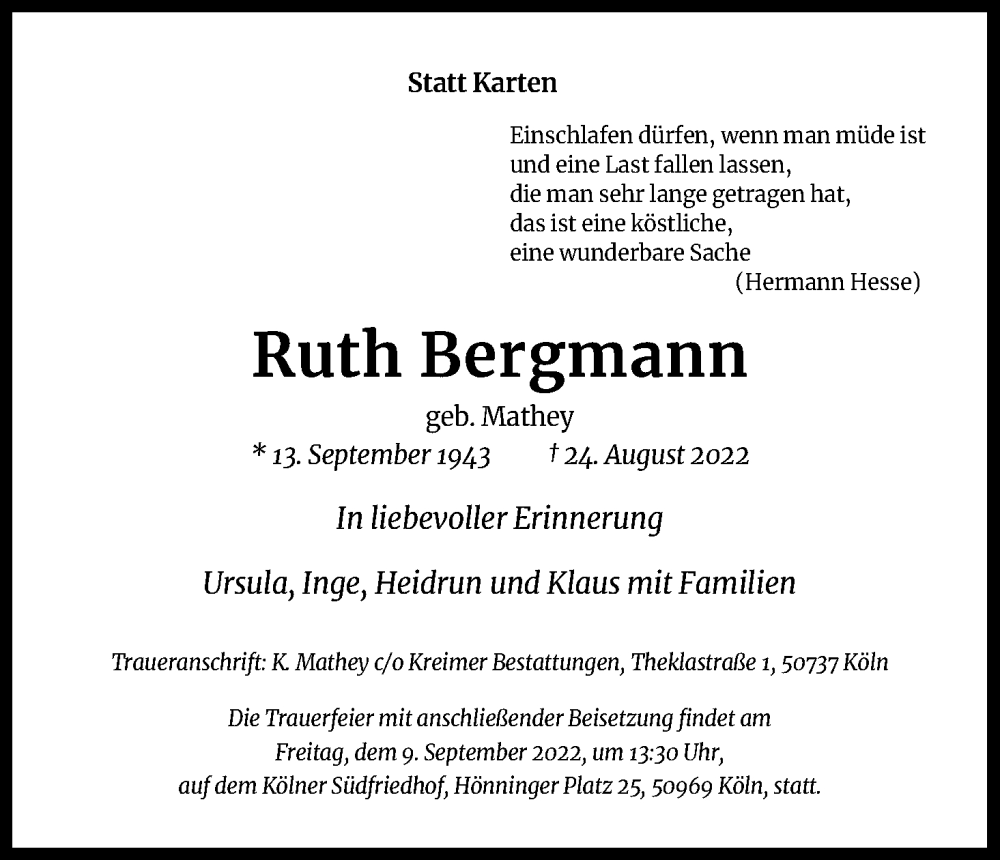  Traueranzeige für Ruth Bergmann vom 03.09.2022 aus Kölner Stadt-Anzeiger / Kölnische Rundschau / Express
