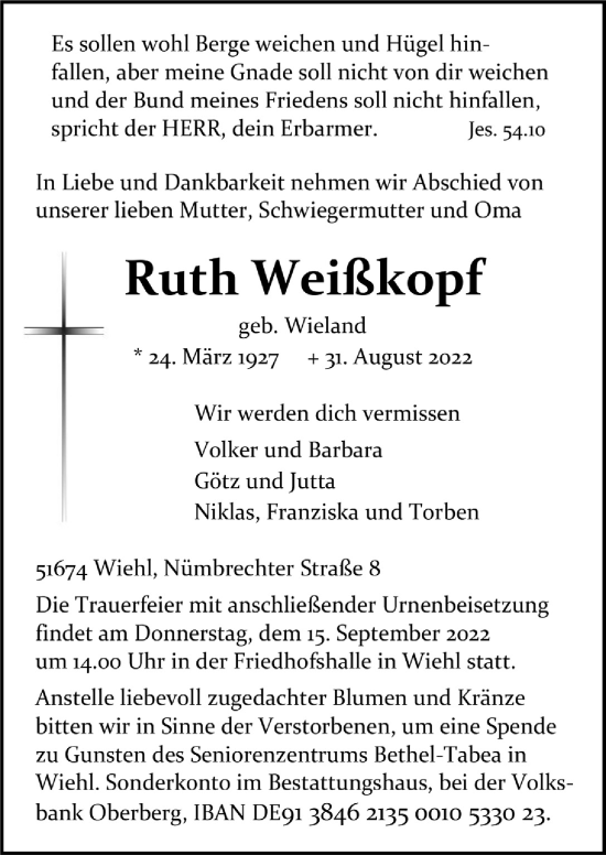 Anzeige von Ruth Weißkopf von  Anzeigen Echo 