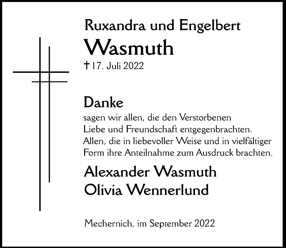  Traueranzeige für Ruxandra Wasmuth vom 03.09.2022 aus  Blickpunkt Euskirchen 