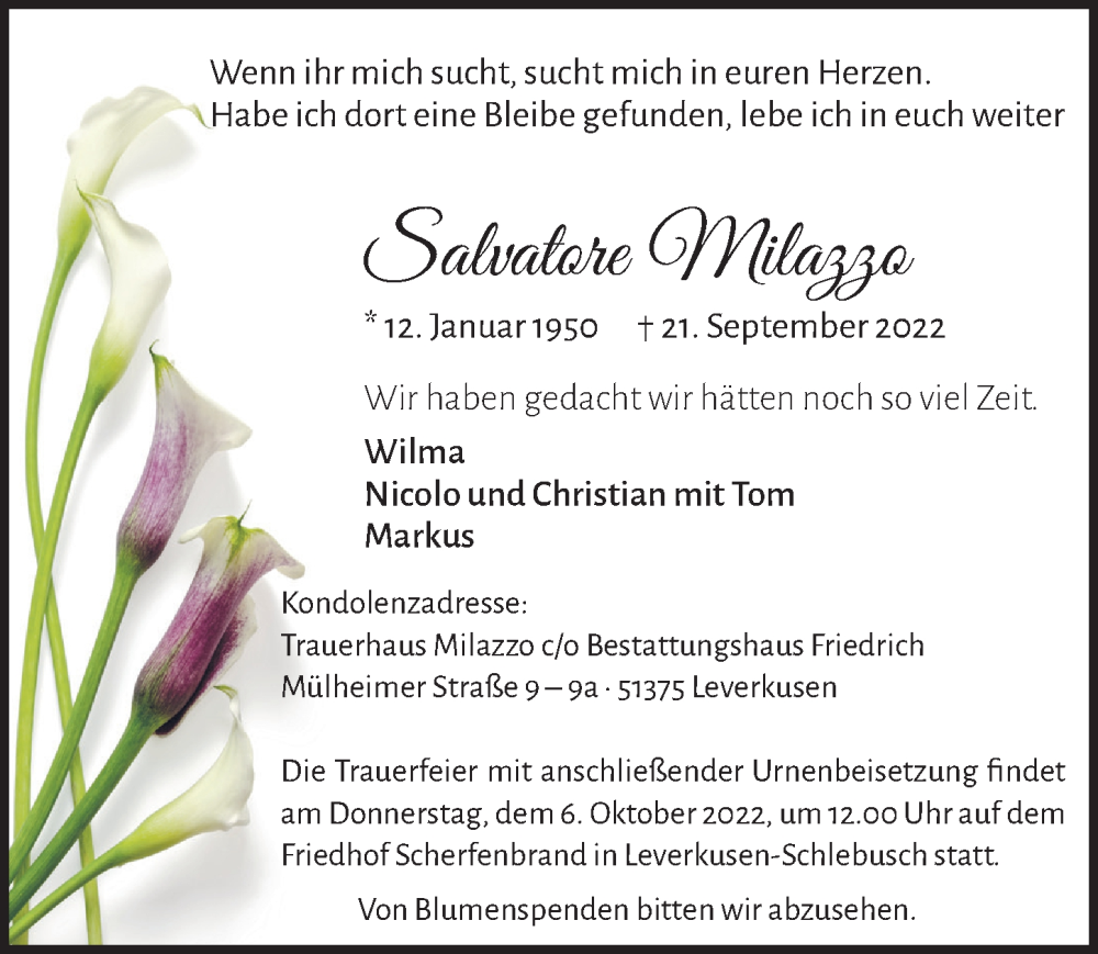 Traueranzeige für Salvatore Milazzo vom 30.09.2022 aus  Lokale Informationen 